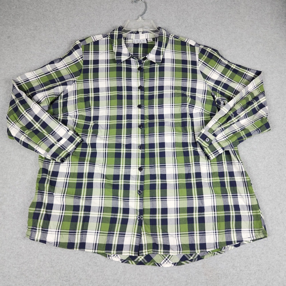 Joan Rivers Shirt Womens 1X Green Plaid Cotton Peplum Back Long Sleeve Button Up